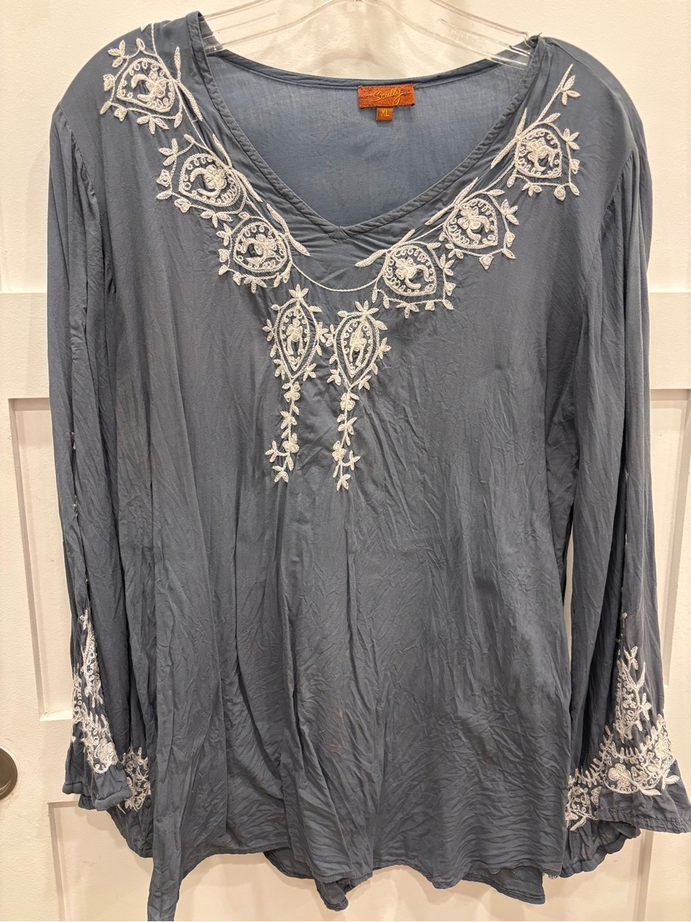 Scully Slate Blue Embroidered V-Neck Tunic